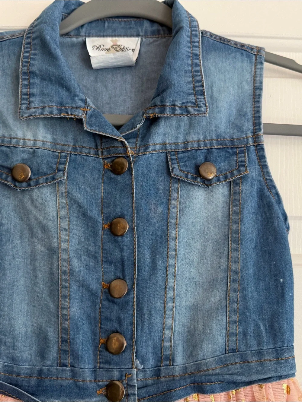 Rare Editions Denim Vest with Pink Tulle & Gold Heart Accents